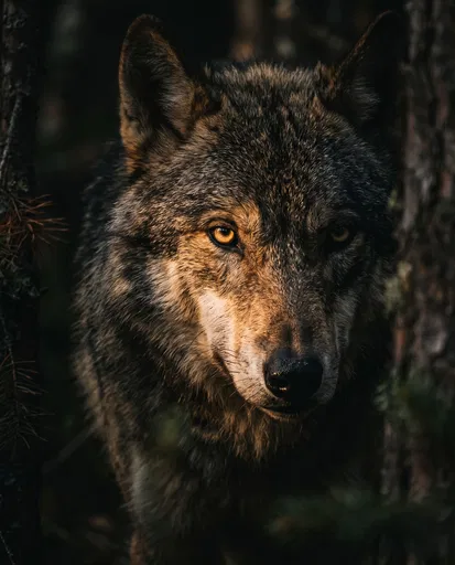 Timber Wolf Portrait in Dark Forest