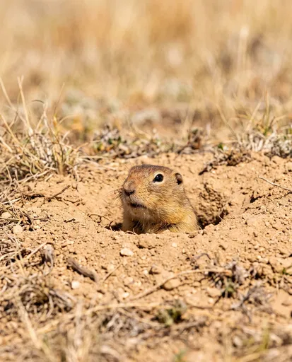 Tan Gopher Peeking From Dirt Burrow