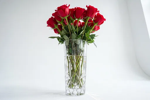 Red Roses in Crystal Vase
