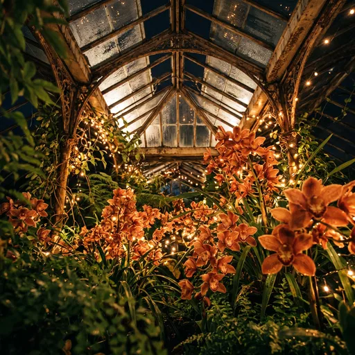 Glowing Orchids in Nighttime Glass Conservatory
