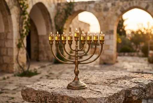 Lit Brass Hanukkah Menorah in Courtyard