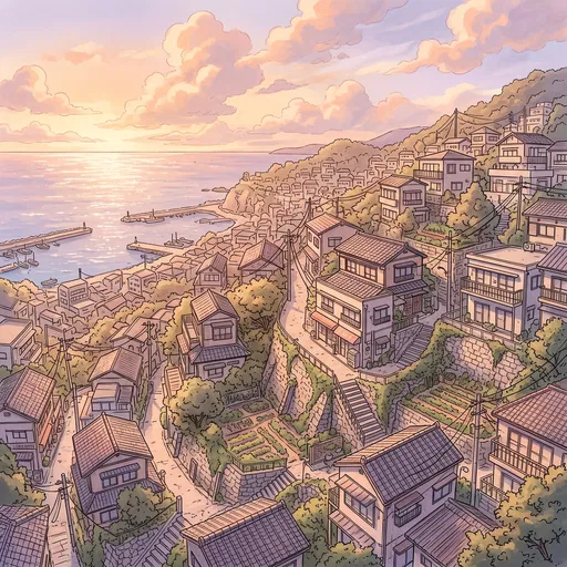 Anime Coastal Hillside Town at Sunset