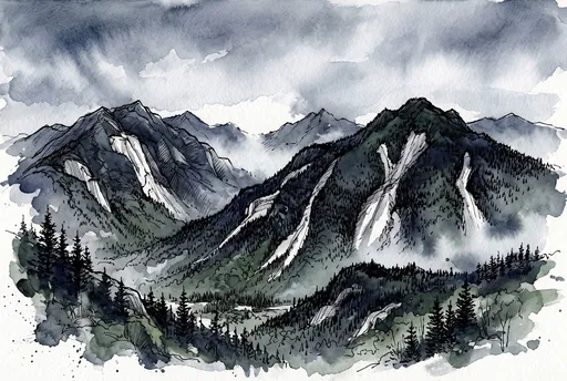 Watercolor and Ink Mountain Range Illustration