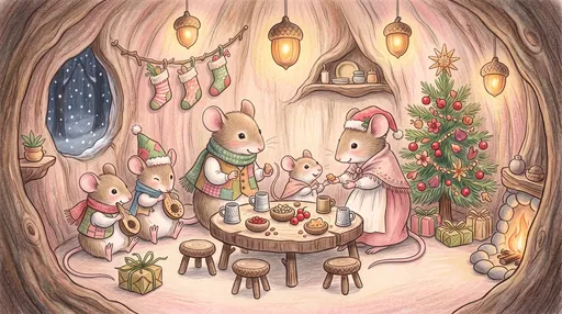 Mouse Family Celebrating Christmas in Tree Trunk