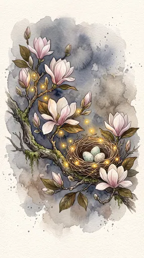 Watercolor Magnolia Branch With Bird Nest