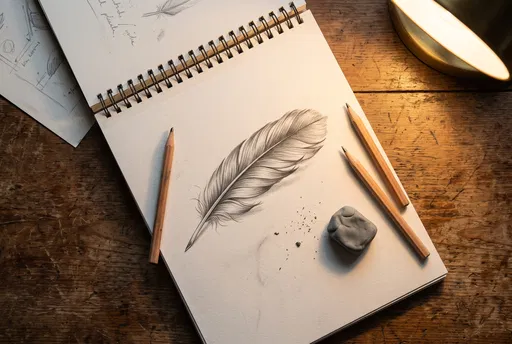 Graphite Feather Sketch in Open Sketchbook