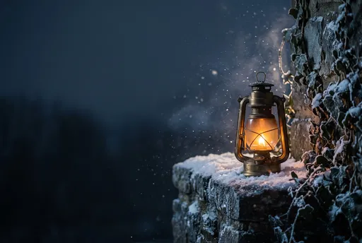 Glowing Brass Lantern on Snowy Wall