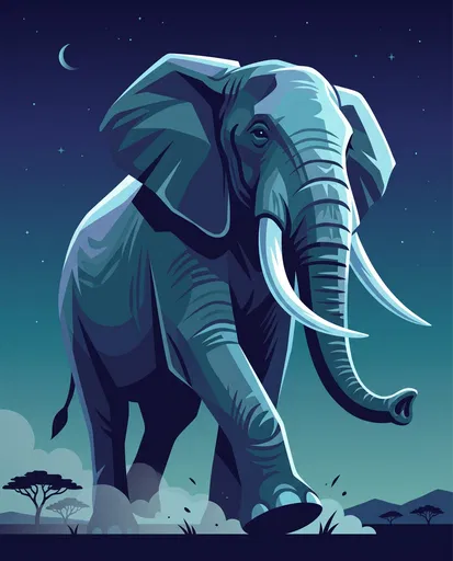 Blue Elephant Walking at Night Illustration