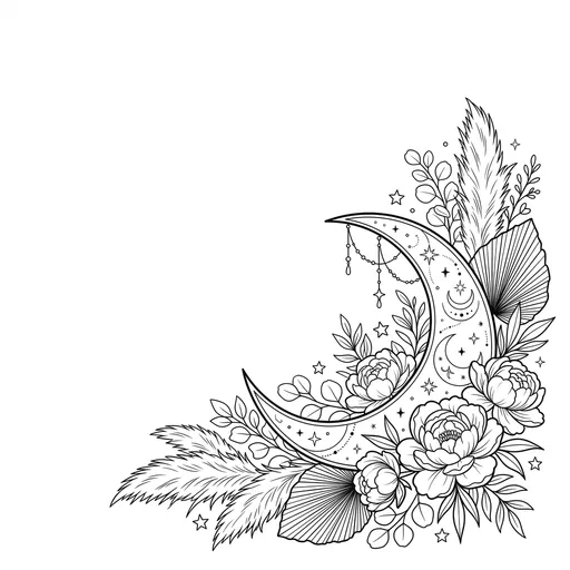 Boho Crescent Moon Floral Line Art