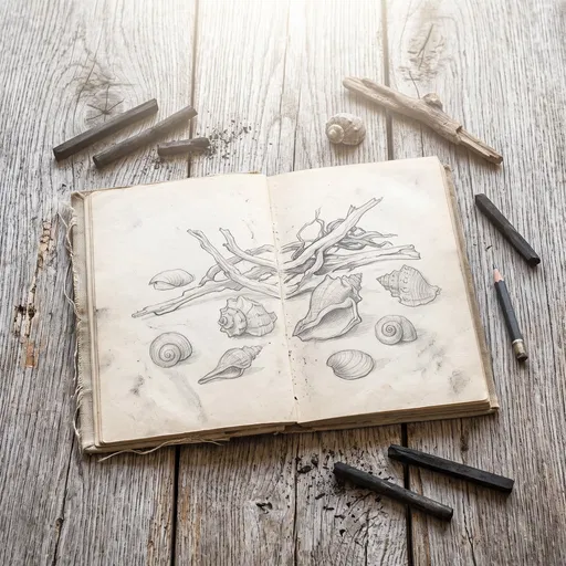 Sketchbook With Seashell and Driftwood Drawings