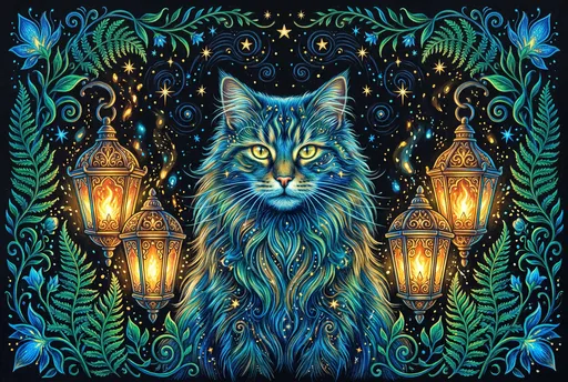 Mystical Blue Cat and Glowing Lanterns Illustration