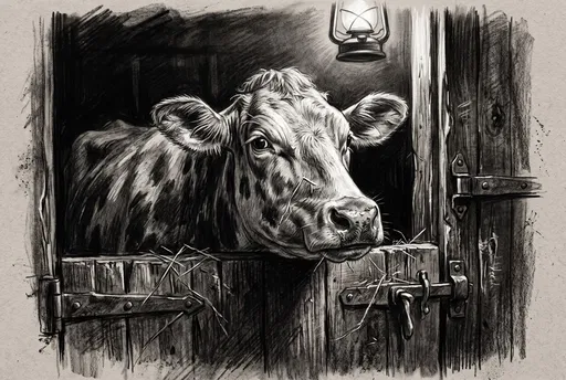 Charcoal Drawing of Cow in Barn Stall