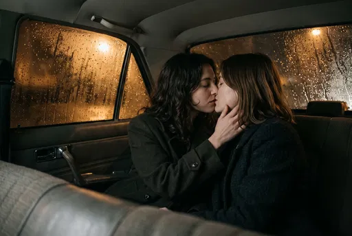Two Women Kissing in Rainy Car