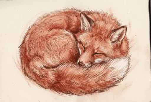 Sanguine Chalk Drawing of Sleeping Fox