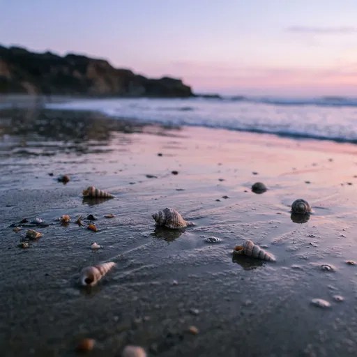 Seashells on Wet Beach at Dusk