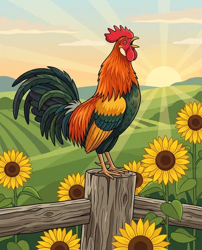 Rooster Crowing on Fence at Sunrise