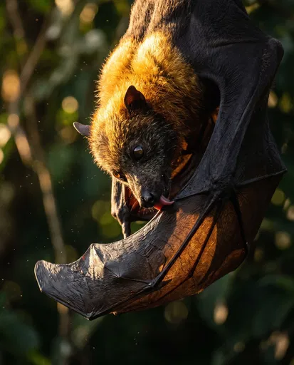 Golden-Crowned Flying Fox Grooming Wing