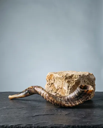 Twisted Shofar Horn Beside Limestone Block