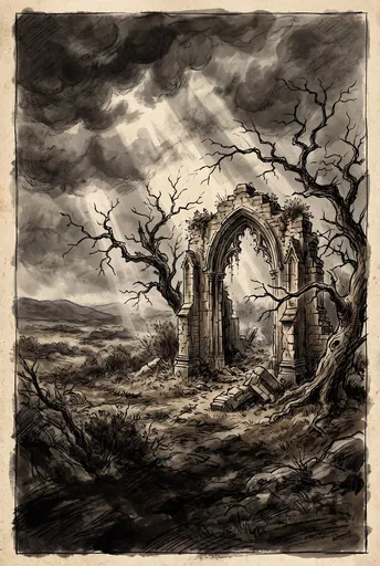 Gothic Archway Ruin Ink Wash Sketch