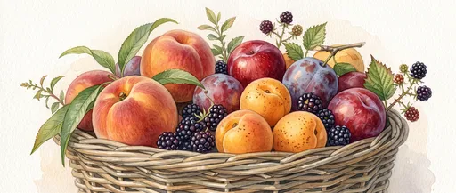 Watercolor Basket of Assorted Summer Fruits
