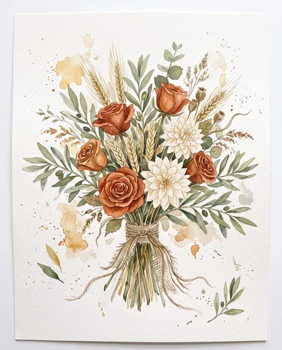 Rustic Watercolor Bouquet with Roses and Wheat