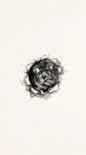 Ink Drawing of Mouse in Hole