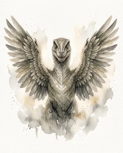 Watercolor Feathered Velociraptor With Spread Wings