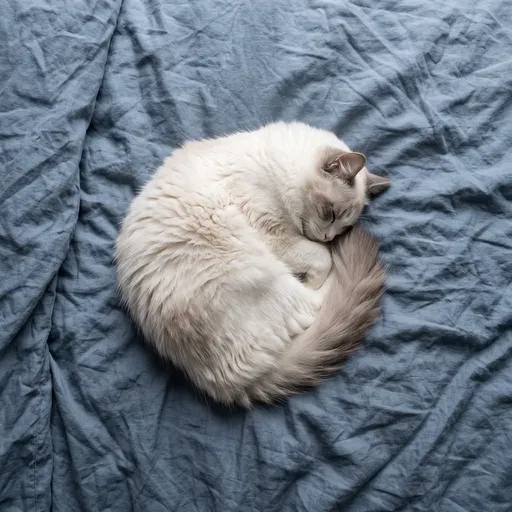 Fluffy Cat Sleeping on Blue Linen