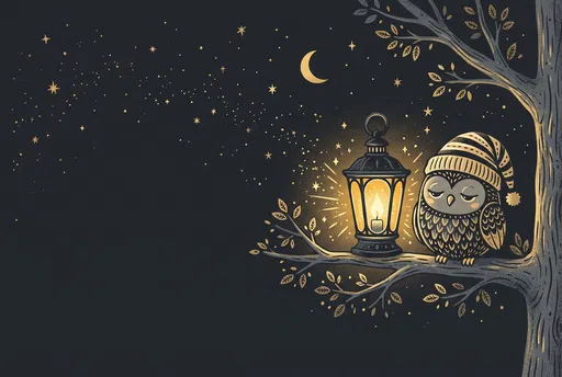 Sleepy Owl and Lantern at Night