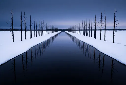 Symmetrical Winter Canal With Bare Trees