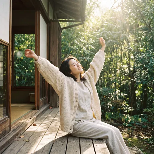 Woman Stretching on Sunlit Wooden Veranda