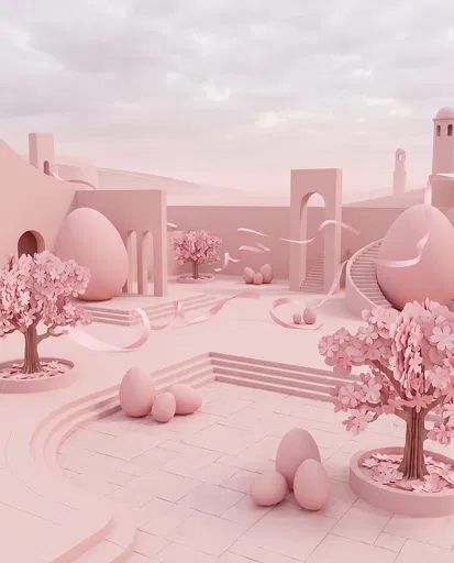 Surreal Pink Courtyard With Easter Eggs