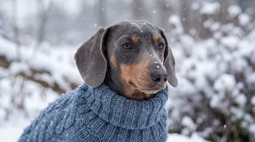 Dachshund in Blue Sweater in Snow