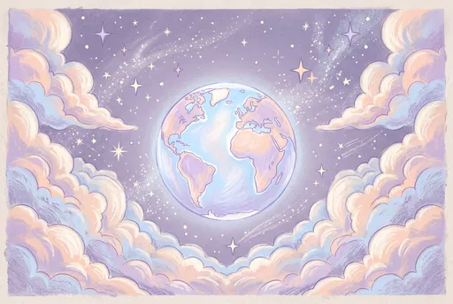 Pastel Illustration of Earth in Dreamy Clouds