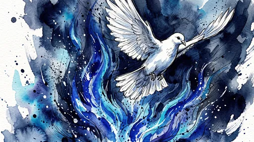 White Dove Rising From Blue Watercolor Flames