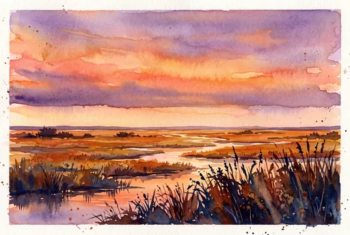 Watercolor Sunset Over Autumn Salt Marsh