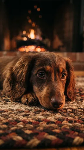 Dachshund Puppy Resting by Warm Fireplace