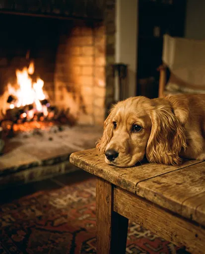 Golden Cocker Spaniel Resting by Fireplace