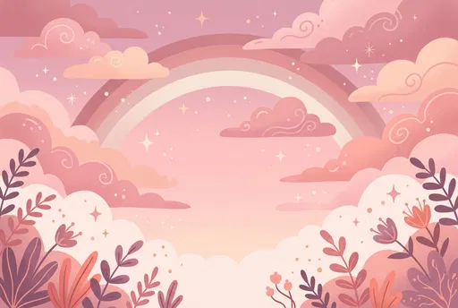 Whimsical Pastel Pink Sky and Rainbow Illustration