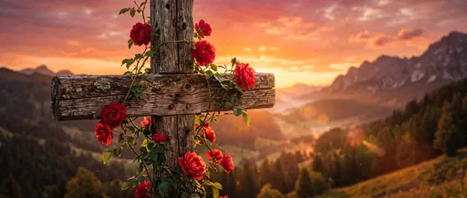 Weathered Wooden Cross With Red Roses