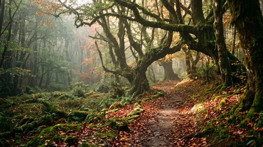 Winding Autumn Path in Mossy Forest
