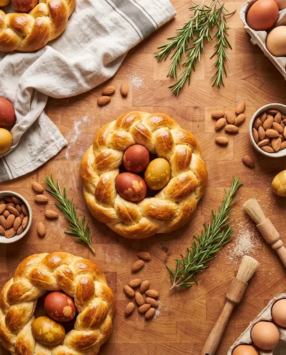 Easter Brioche Bread Rings Flat Lay