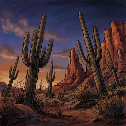 Hand Drawn Desert Cacti at Twilight
