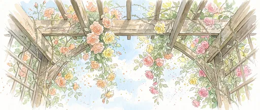 Watercolor Pergola With Pastel Climbing Roses