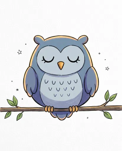 Cute Sleepy Blue Owl Cartoon Illustration
