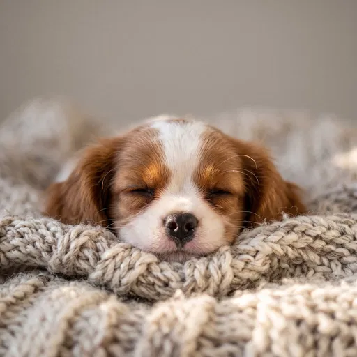 Sleeping Cavalier Spaniel Puppy on Knit Blanket