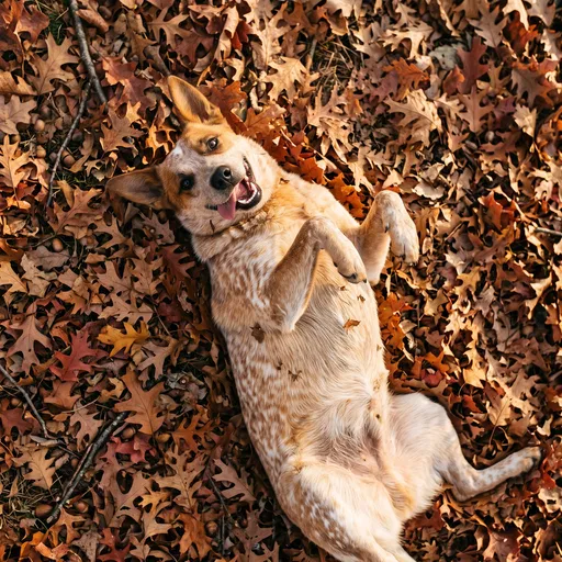 Happy Red Heeler in Autumn Leaves