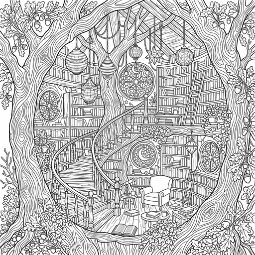 Cozy Treehouse Library Adult Coloring Page