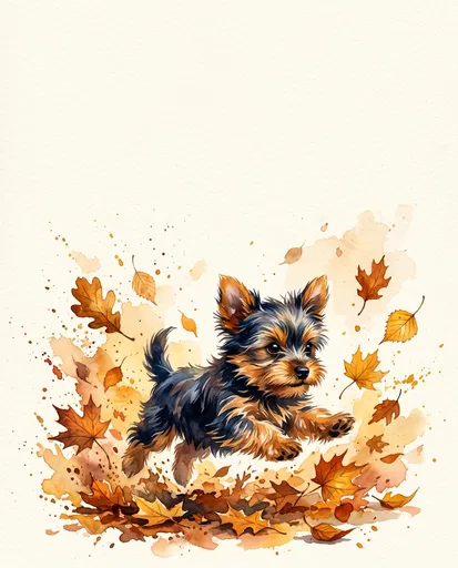 Watercolor Yorkshire Terrier in Autumn Leaves