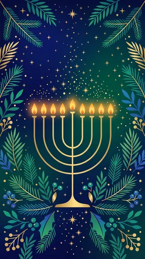 Golden Menorah With Winter Botanicals Illustration